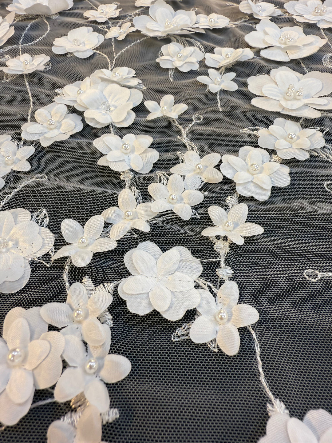 Luxury 3D White Floral Embroidered Tulle with Pearls – Bridal & Haute Couture Fabric ( 1 Piece = 3.5)