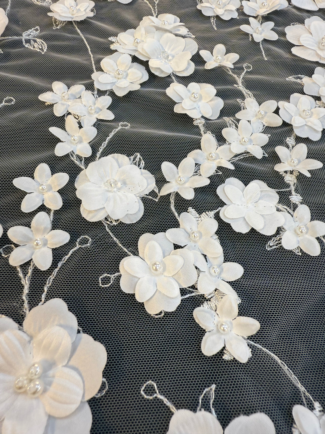 Luxury 3D White Floral Embroidered Tulle with Pearls – Bridal & Haute Couture Fabric ( 1 Piece = 3.5)