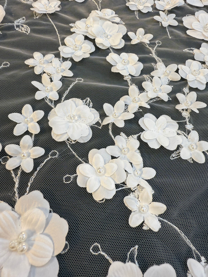 Luxury 3D White Floral Embroidered Tulle with Pearls – Bridal & Haute Couture Fabric ( 1 Piece = 3.5)