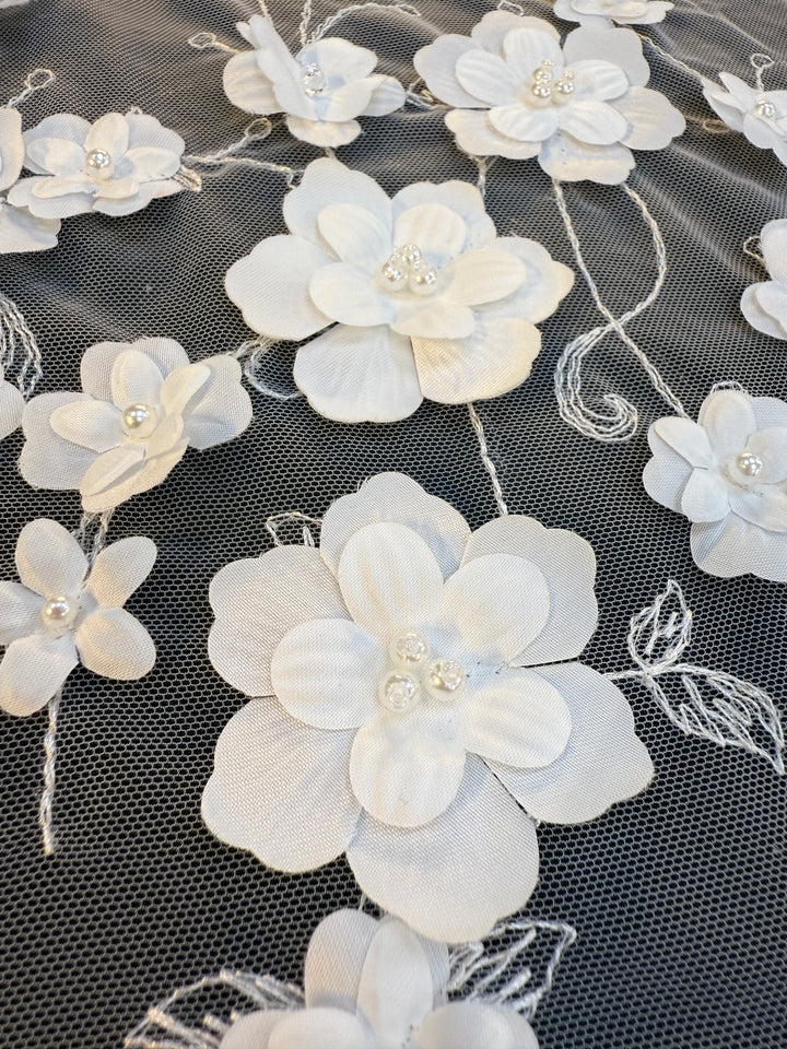 Luxury 3D White Floral Embroidered Tulle with Pearls – Bridal & Haute Couture Fabric ( 1 Piece = 3.5)