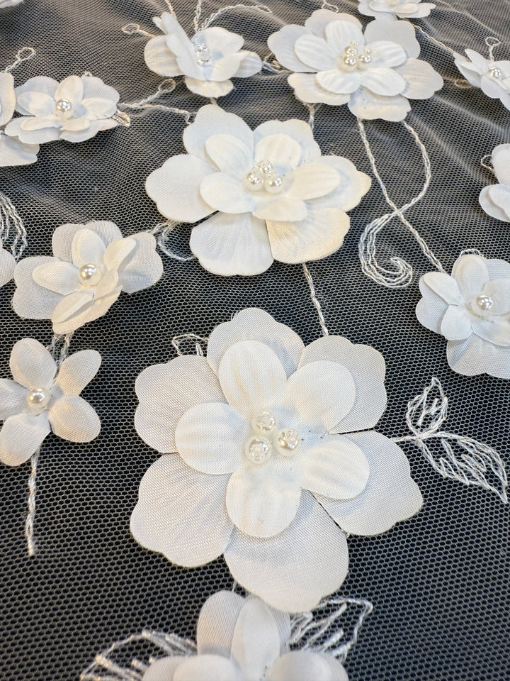 Luxury 3D White Floral Embroidered Tulle with Pearls – Bridal & Haute Couture Fabric ( 1 Piece = 3.5)