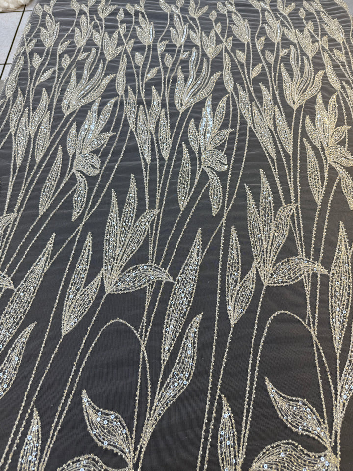 Luxury Champagne Floral Beaded Tulle Fabric with Sequins and Crystals