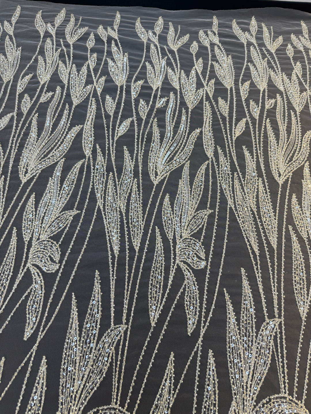 Luxury Champagne Floral Beaded Tulle Fabric with Sequins and Crystals