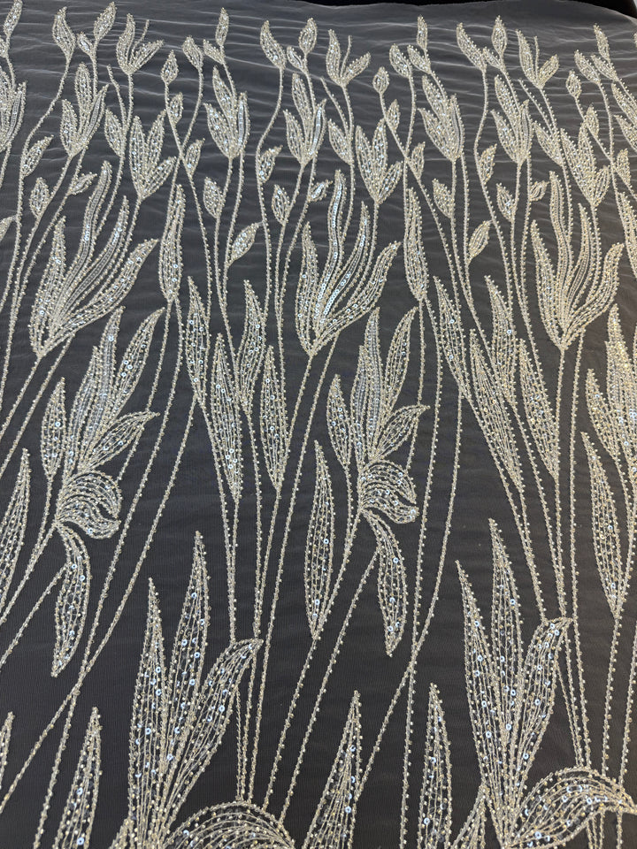Luxury Champagne Floral Beaded Tulle Fabric with Sequins and Crystals