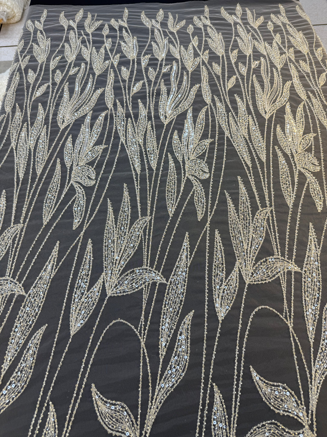 Luxury Champagne Floral Beaded Tulle Fabric with Sequins and Crystals