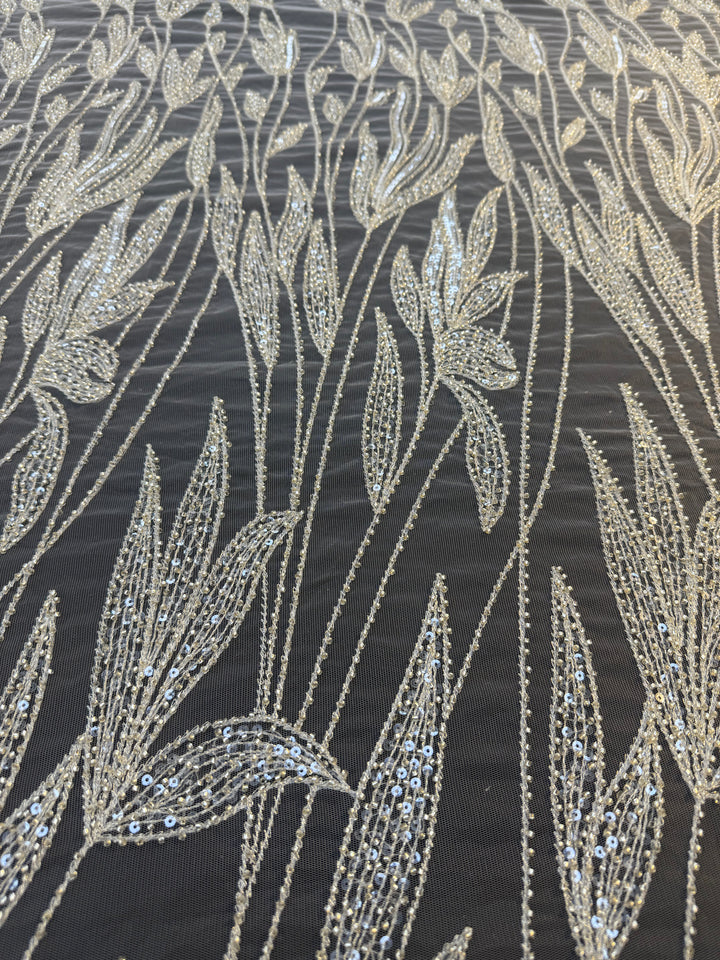 Luxury Champagne Floral Beaded Tulle Fabric with Sequins and Crystals