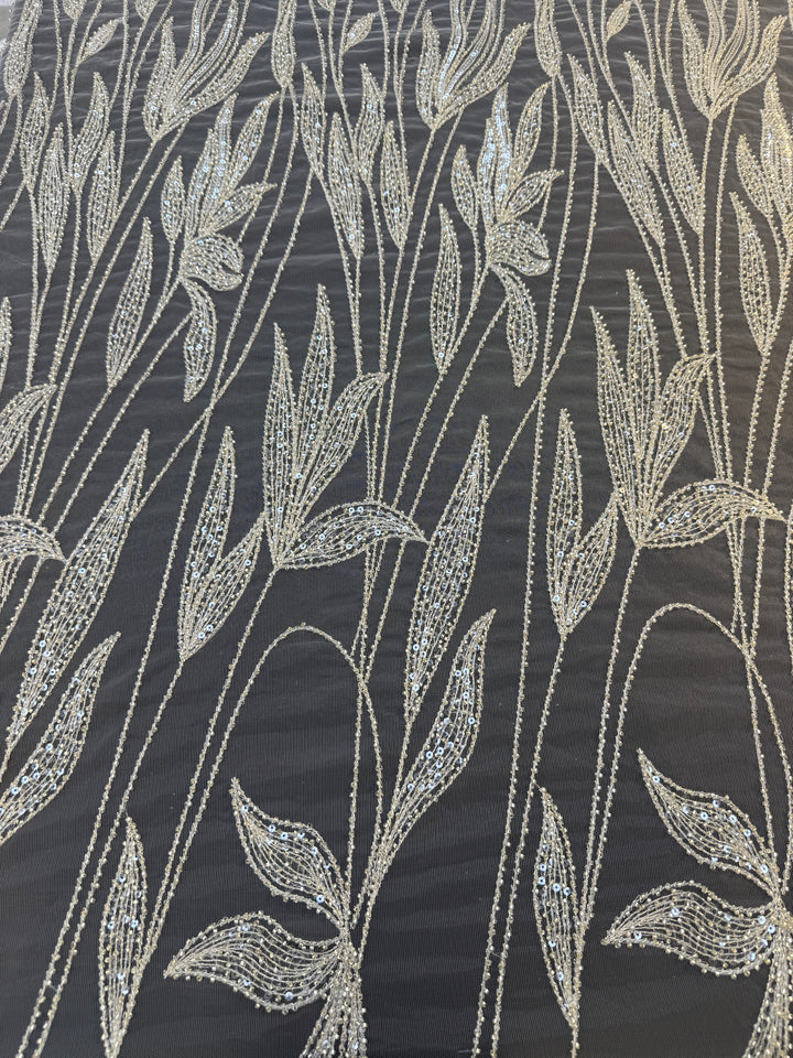Luxury Champagne Floral Beaded Tulle Fabric with Sequins and Crystals