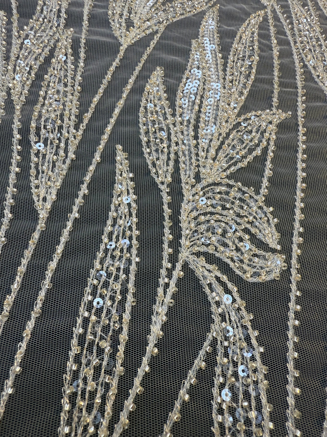 Luxury Champagne Floral Beaded Tulle Fabric with Sequins and Crystals
