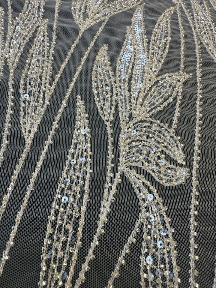 Luxury Champagne Floral Beaded Tulle Fabric with Sequins and Crystals