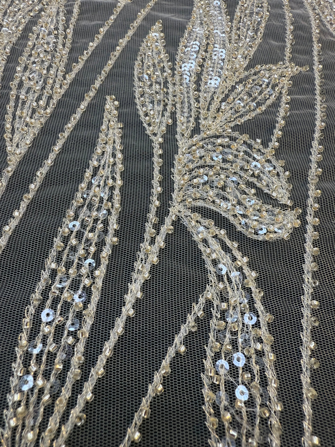 Luxury Champagne Floral Beaded Tulle Fabric with Sequins and Crystals