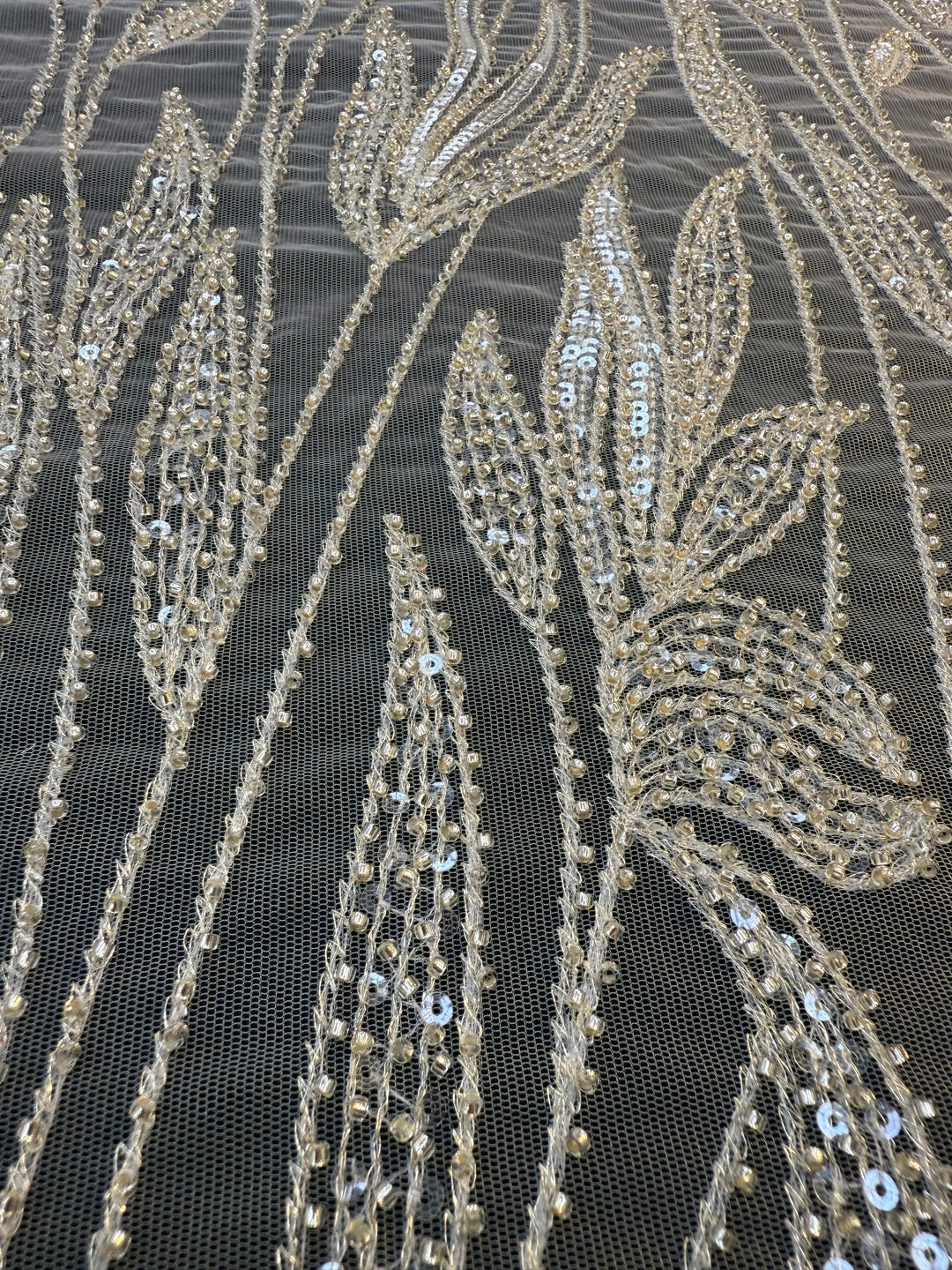 Luxury Champagne Floral Beaded Tulle Fabric with Sequins and Crystals
