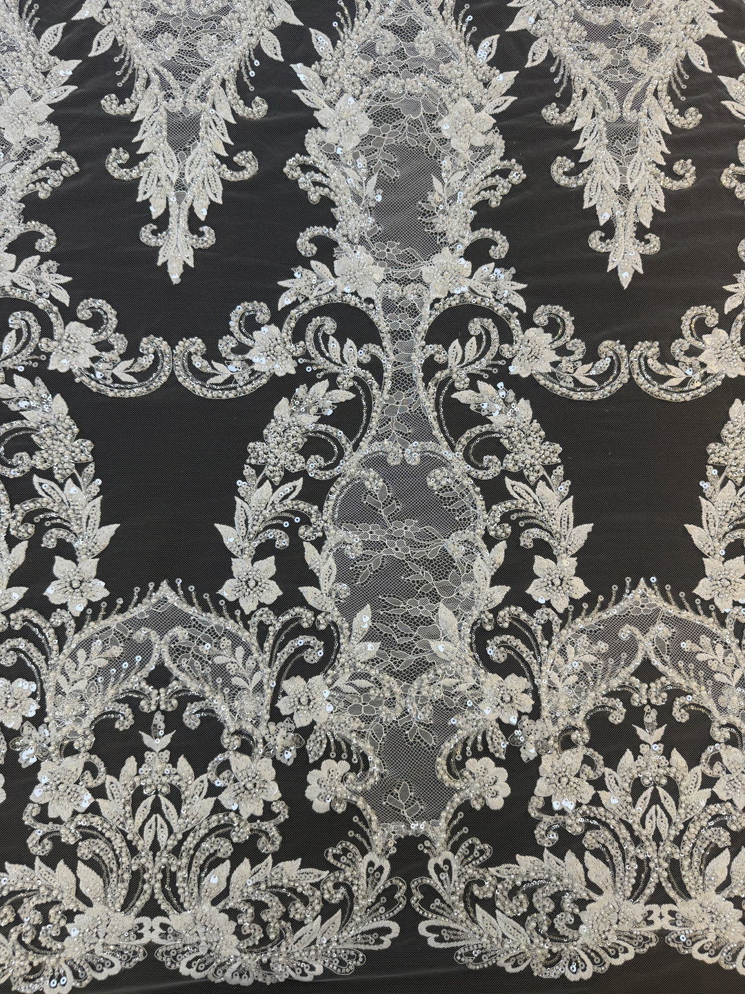 Luxury Baroque Floral Sequin Embroidered Lace on White Tulle( 1 Piece = 1.8 Meter)