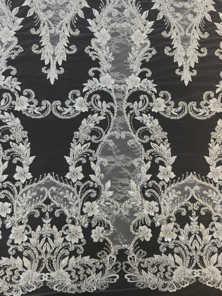 Luxury Baroque Floral Sequin Embroidered Lace on White Tulle( 1 Piece = 1.8 Meter)