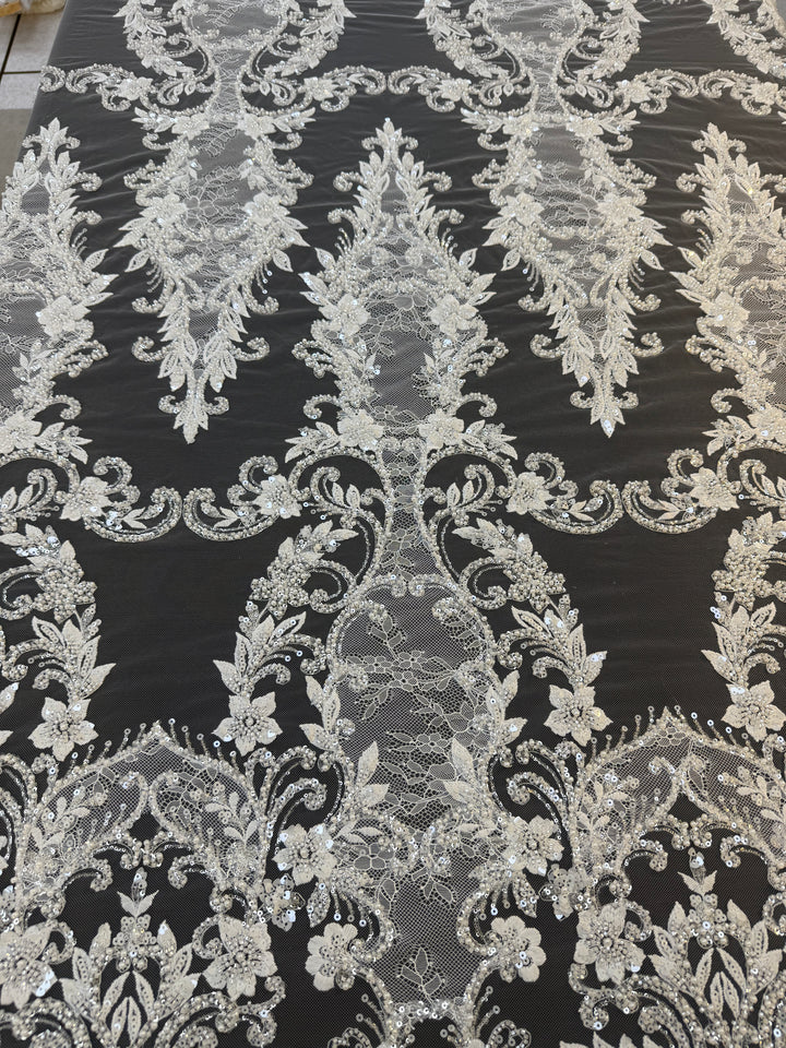 Luxury Baroque Floral Sequin Embroidered Lace on White Tulle( 1 Piece = 1.8 Meter)