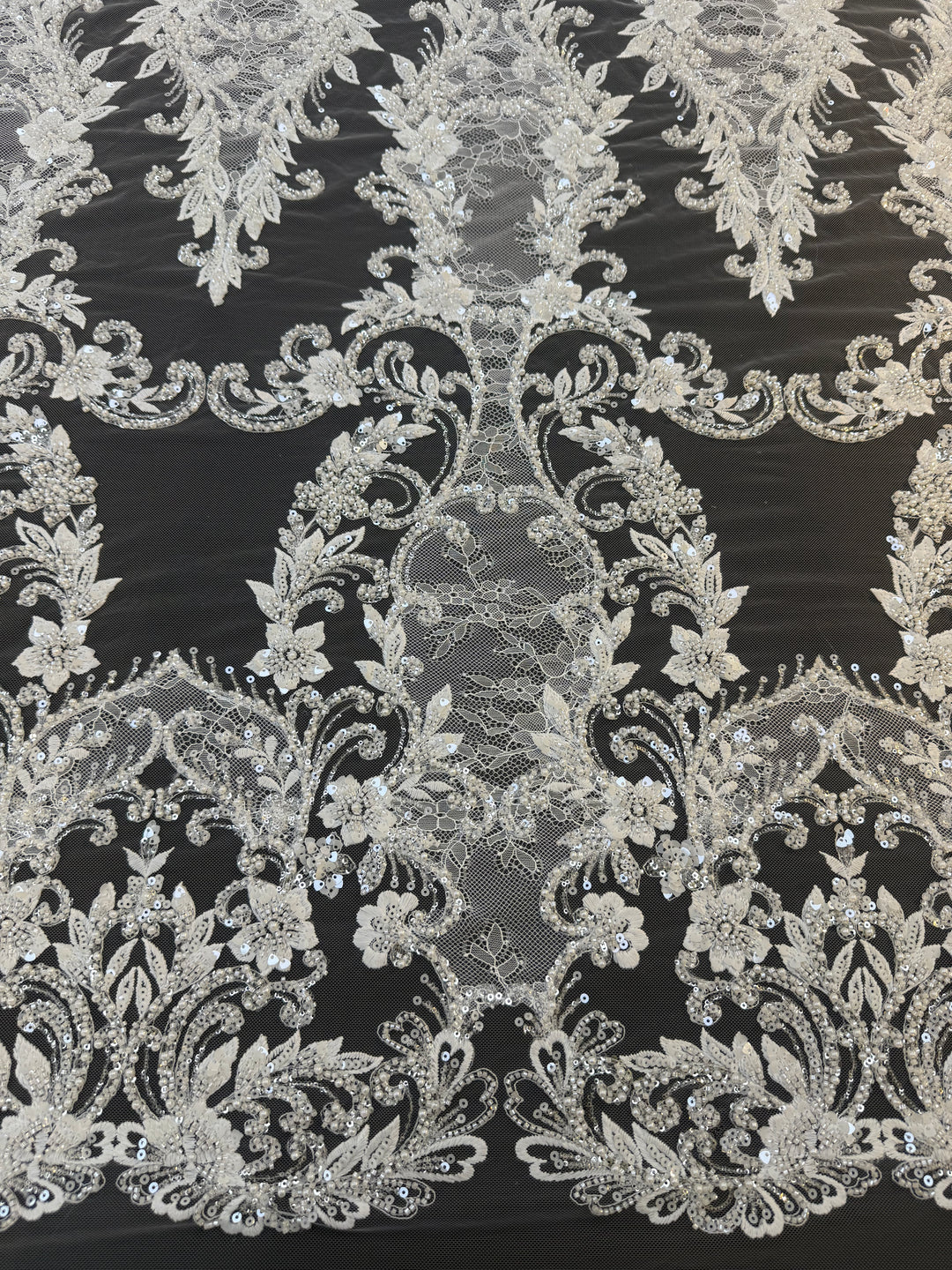 Luxury Baroque Floral Sequin Embroidered Lace on White Tulle( 1 Piece = 1.8 Meter)