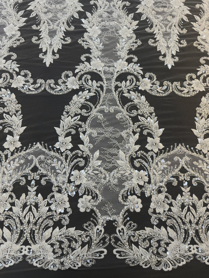Luxury Baroque Floral Sequin Embroidered Lace on White Tulle( 1 Piece = 1.8 Meter)