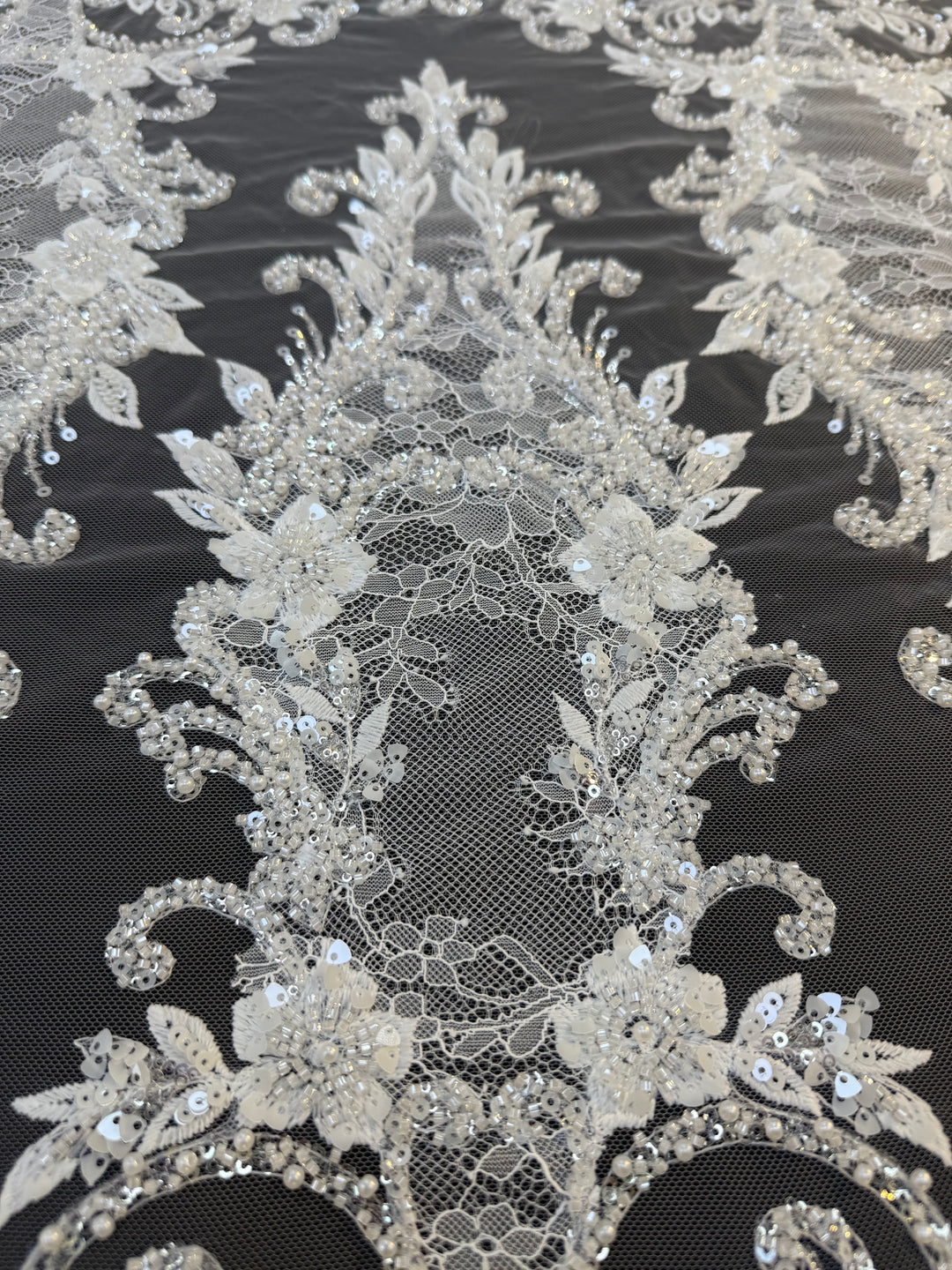 Luxury Baroque Floral Sequin Embroidered Lace on White Tulle( 1 Piece = 1.8 Meter)