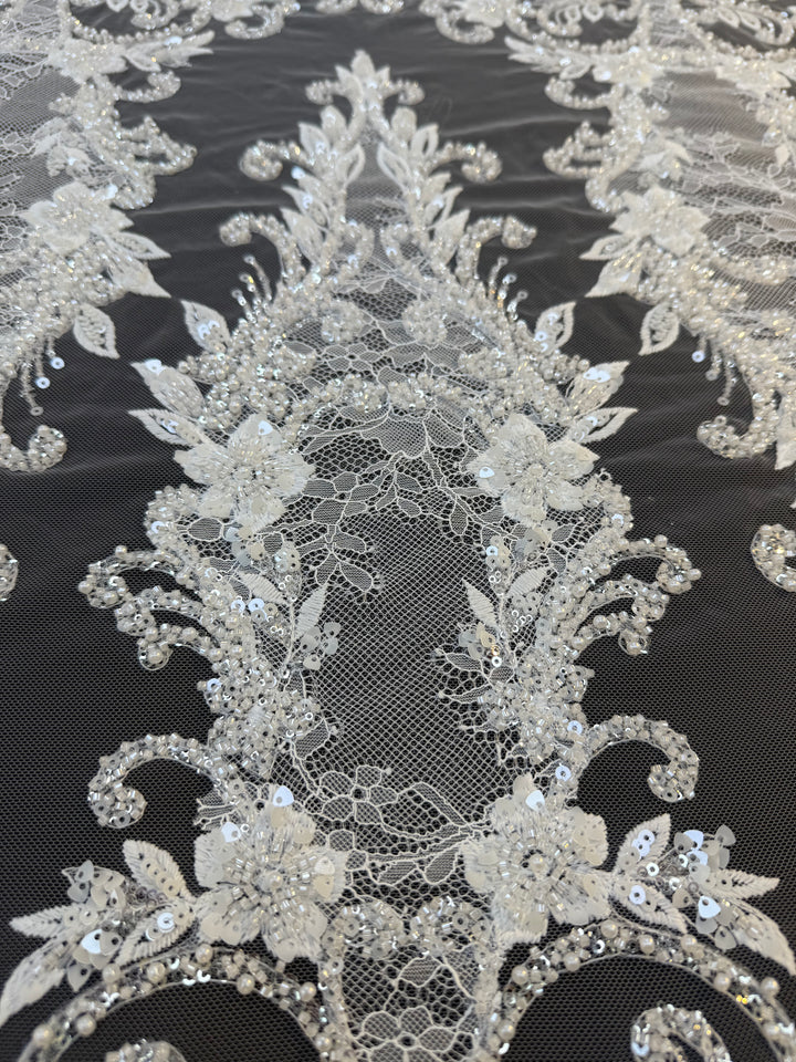 Luxury Baroque Floral Sequin Embroidered Lace on White Tulle( 1 Piece = 1.8 Meter)