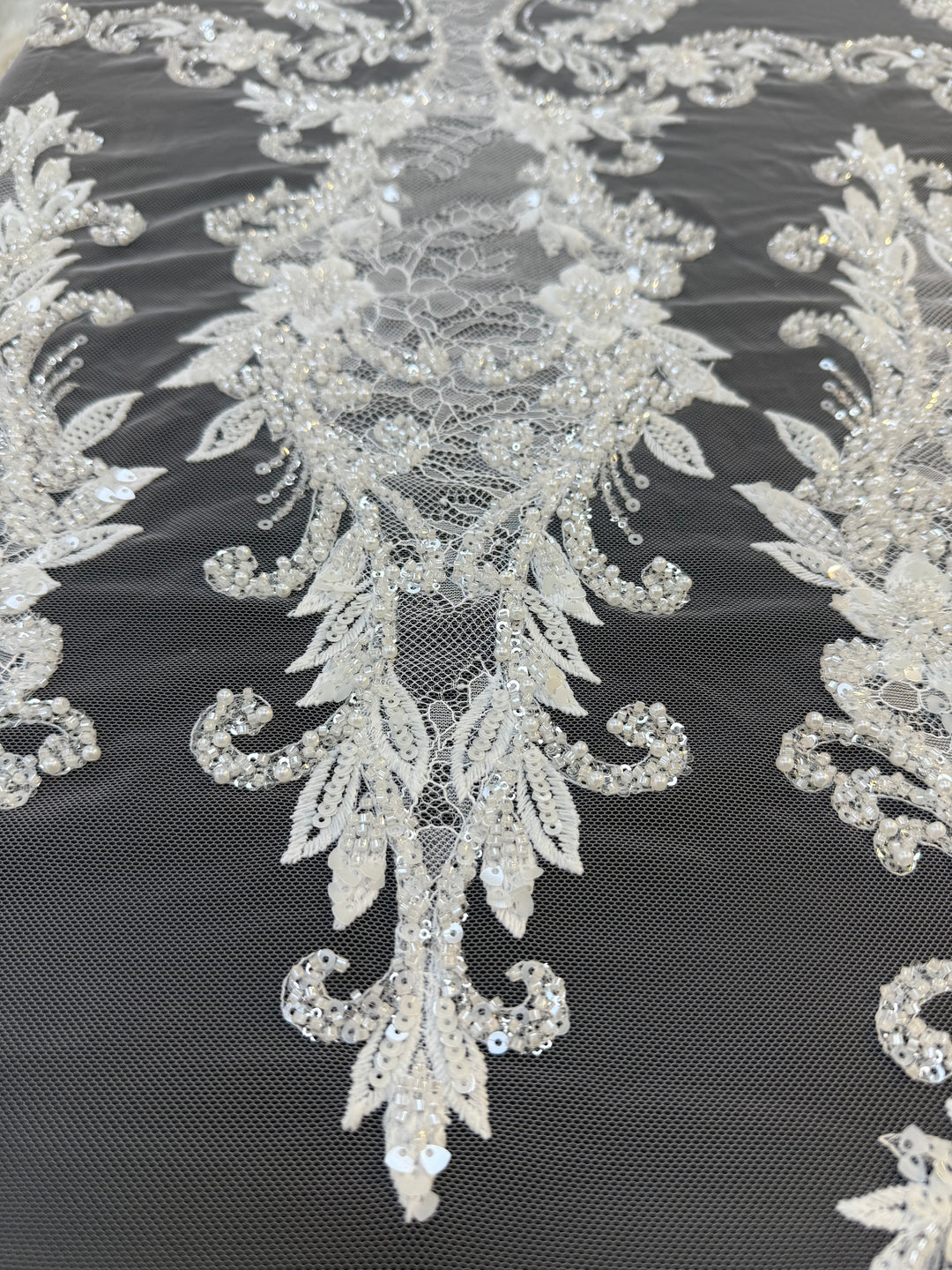 Luxury Baroque Floral Sequin Embroidered Lace on White Tulle( 1 Piece = 1.8 Meter)