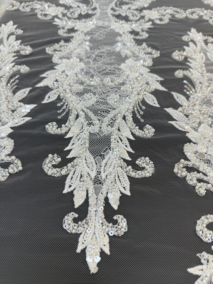 Luxury Baroque Floral Sequin Embroidered Lace on White Tulle( 1 Piece = 1.8 Meter)