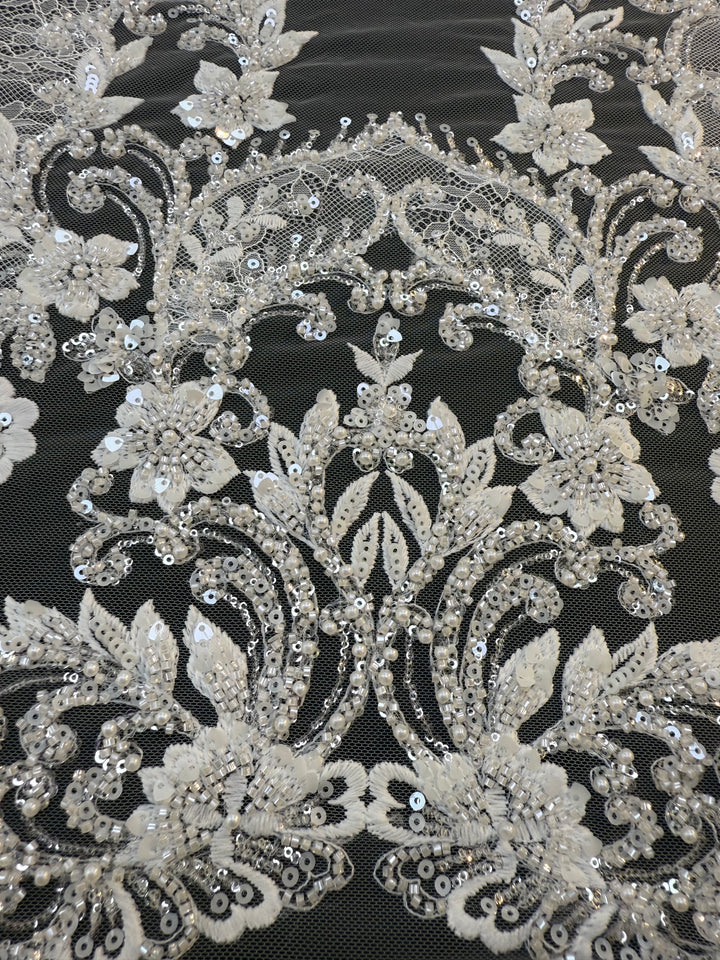 Luxury Baroque Floral Sequin Embroidered Lace on White Tulle( 1 Piece = 1.8 Meter)