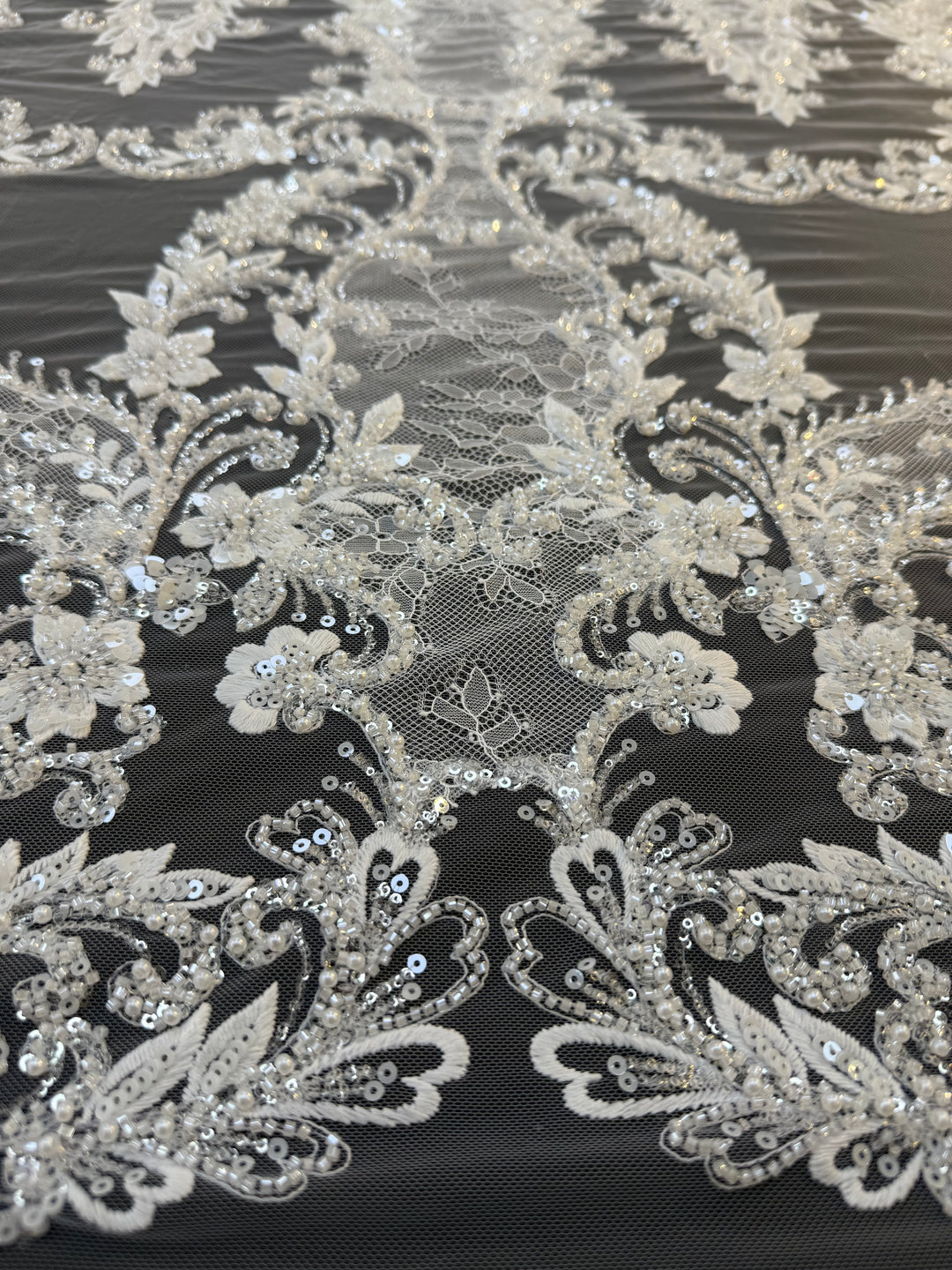 Luxury Baroque Floral Sequin Embroidered Lace on White Tulle( 1 Piece = 1.8 Meter)