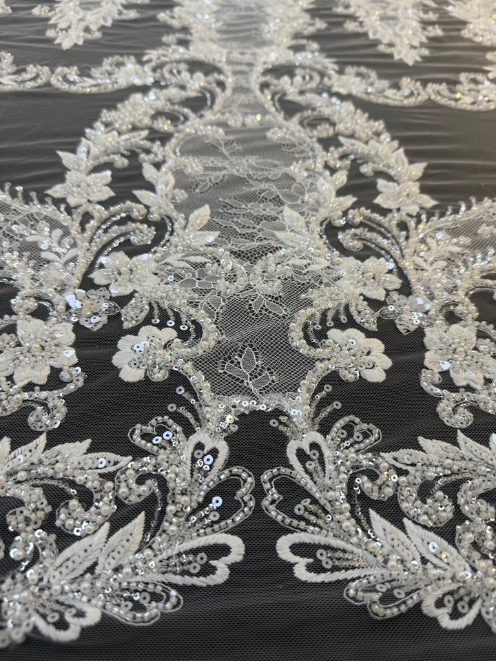 Luxury Baroque Floral Sequin Embroidered Lace on White Tulle( 1 Piece = 1.8 Meter)