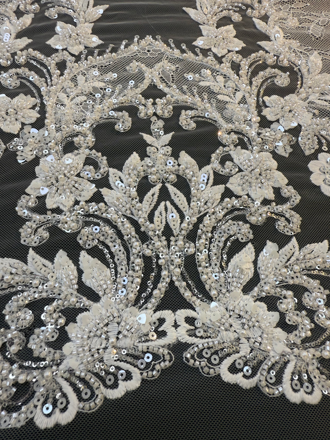 Luxury Baroque Floral Sequin Embroidered Lace on White Tulle( 1 Piece = 1.8 Meter)