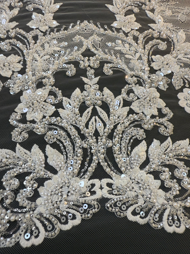 Luxury Baroque Floral Sequin Embroidered Lace on White Tulle( 1 Piece = 1.8 Meter)