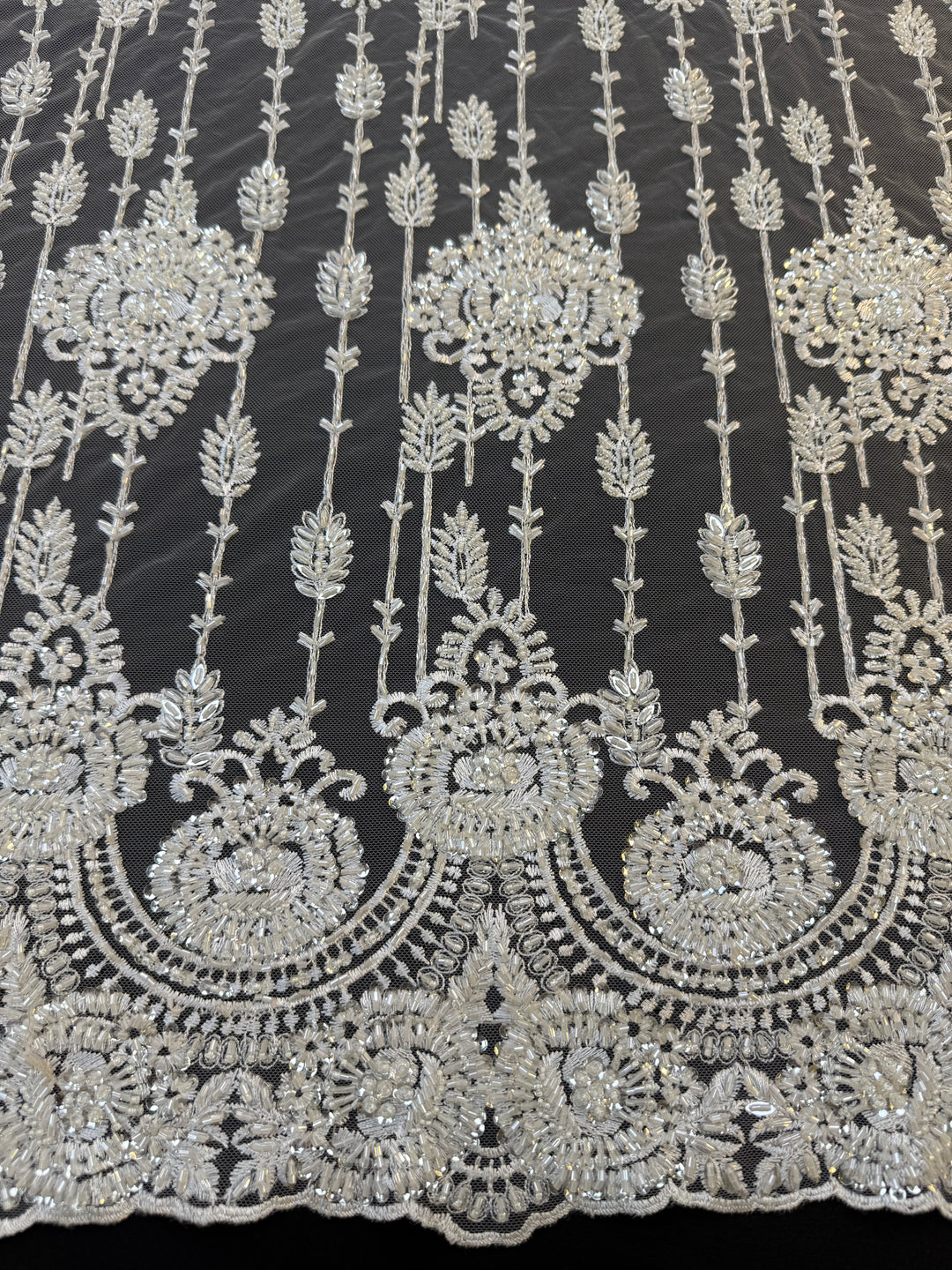 Luxury Ivory Sequin & Beaded Floral Lace Fabric with Scalloped Border – Bridal & Evening Couture( 1 Piece = 2 Meter)