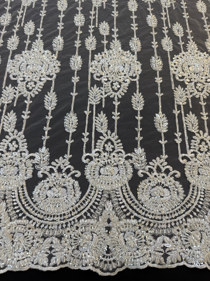 Luxury Ivory Sequin & Beaded Floral Lace Fabric with Scalloped Border – Bridal & Evening Couture( 1 Piece = 2 Meter)