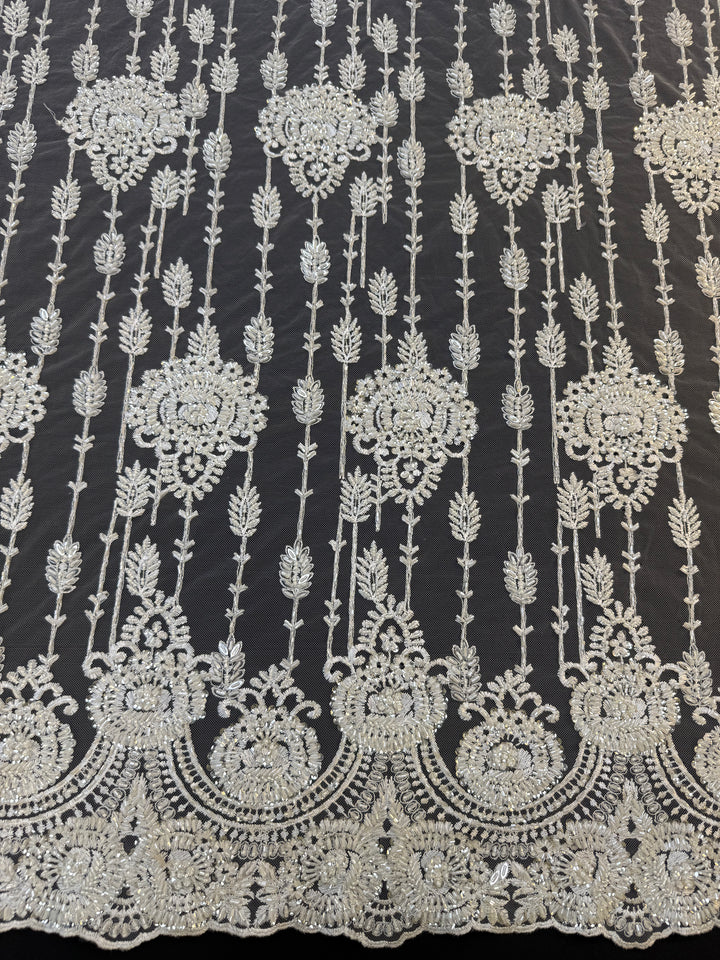 Luxury Ivory Sequin & Beaded Floral Lace Fabric with Scalloped Border – Bridal & Evening Couture( 1 Piece = 2 Meter)