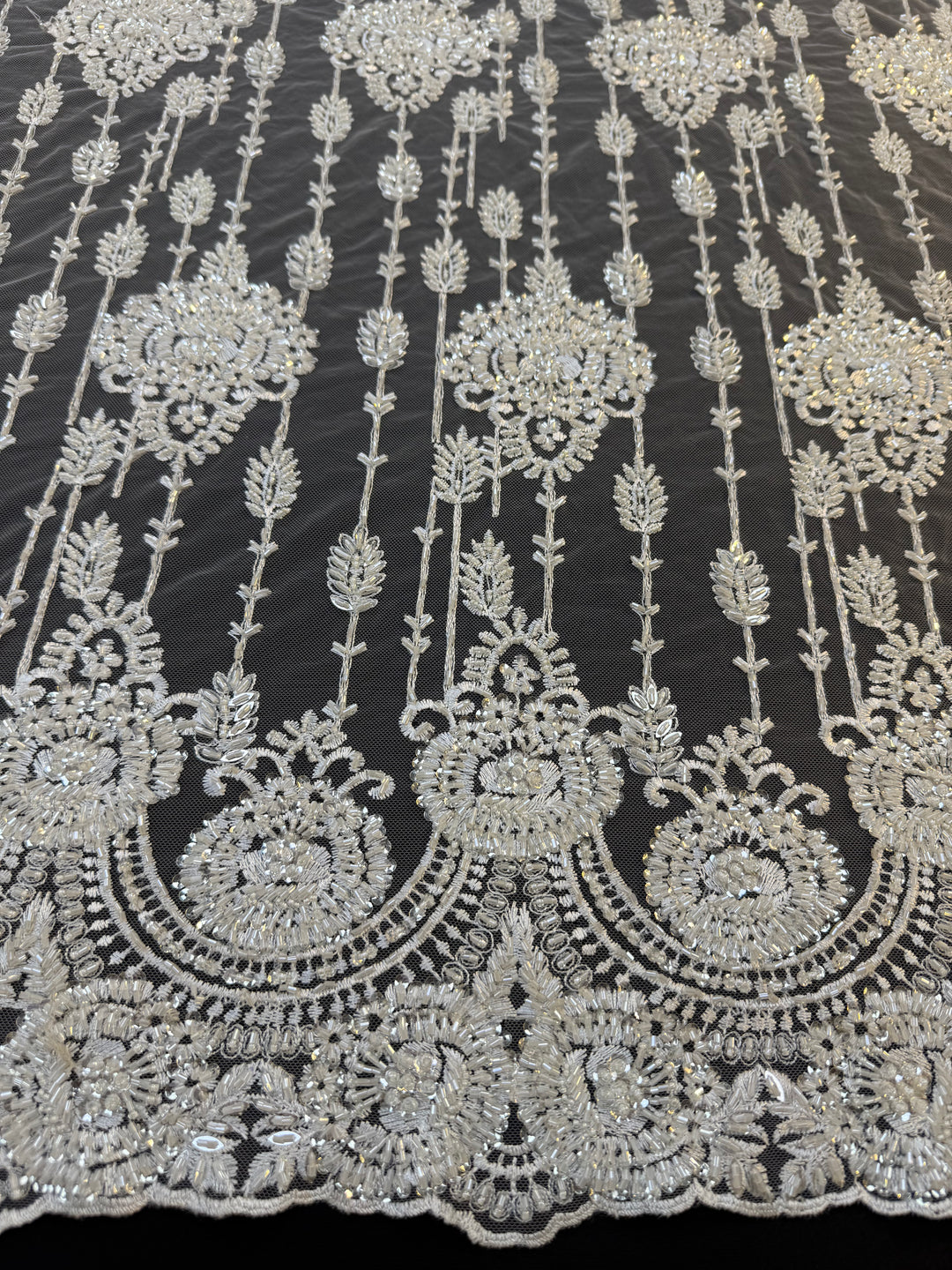 Luxury Ivory Sequin & Beaded Floral Lace Fabric with Scalloped Border – Bridal & Evening Couture( 1 Piece = 2 Meter)
