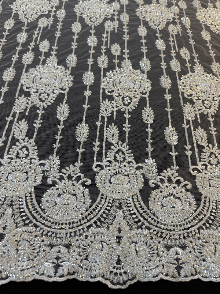 Luxury Ivory Sequin & Beaded Floral Lace Fabric with Scalloped Border – Bridal & Evening Couture( 1 Piece = 2 Meter)