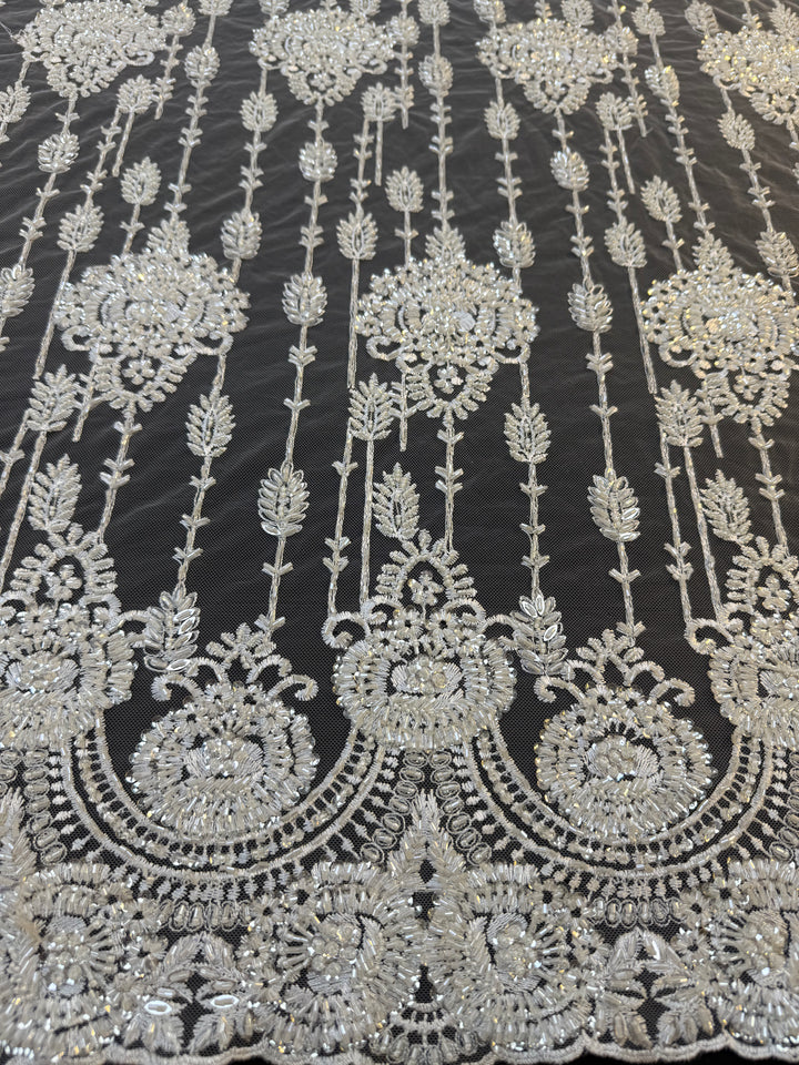 Luxury Ivory Sequin & Beaded Floral Lace Fabric with Scalloped Border – Bridal & Evening Couture( 1 Piece = 2 Meter)