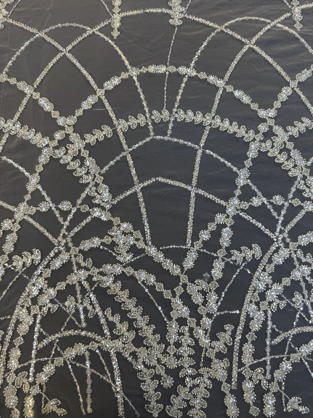 Luxury Silver Sequin Net Fabric – Couture Beaded Embroidery for Evening & Bridal Gowns( 1 Piece = 3.5 Meter)