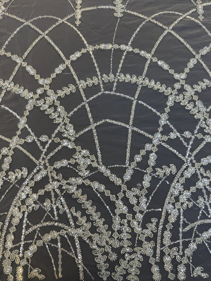 Luxury Silver Sequin Net Fabric – Couture Beaded Embroidery for Evening & Bridal Gowns( 1 Piece = 3.5 Meter)
