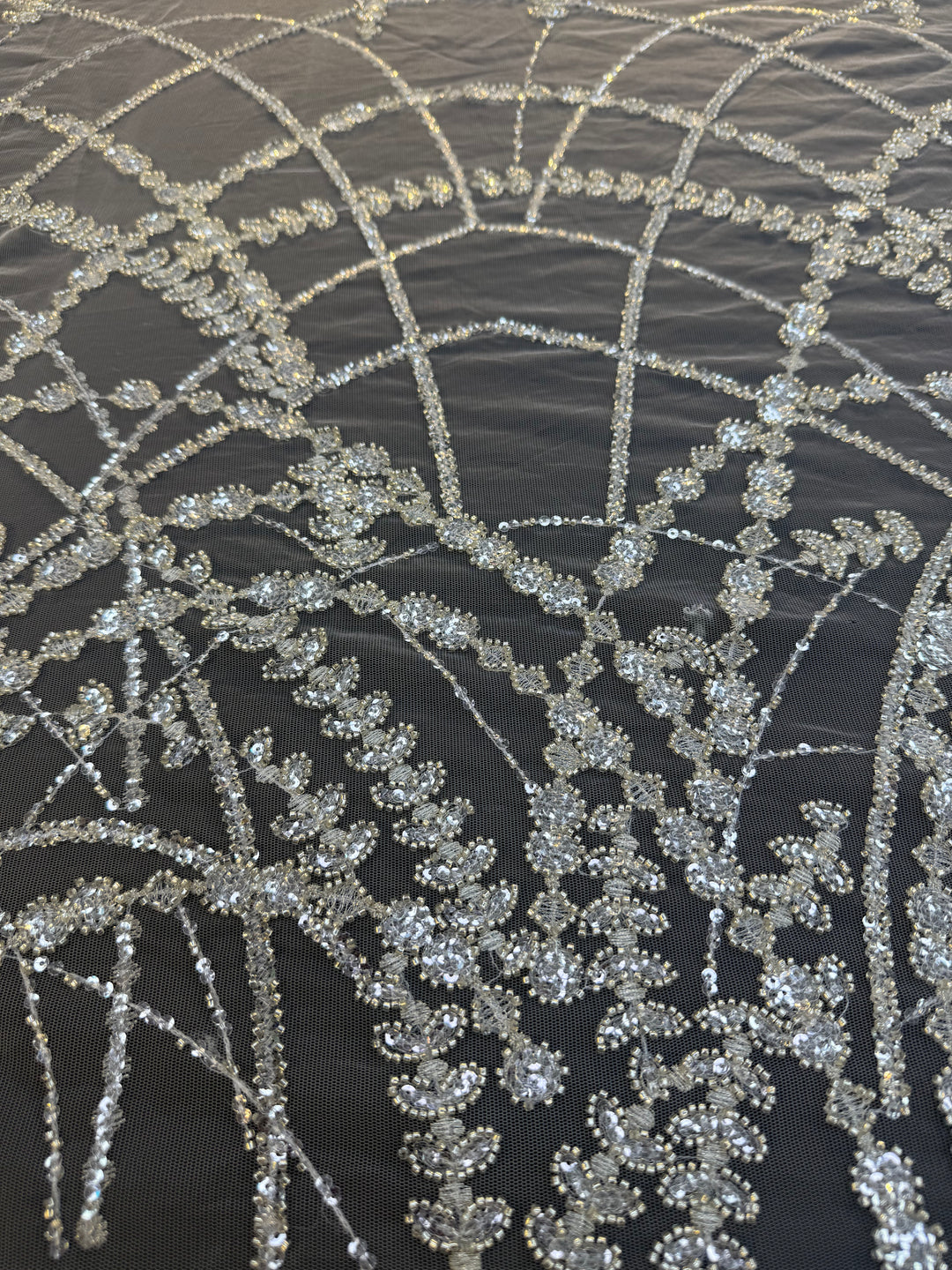 Luxury Silver Sequin Net Fabric – Couture Beaded Embroidery for Evening & Bridal Gowns( 1 Piece = 3.5 Meter)