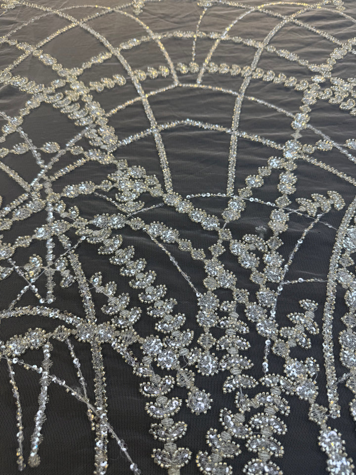 Luxury Silver Sequin Net Fabric – Couture Beaded Embroidery for Evening & Bridal Gowns( 1 Piece = 3.5 Meter)