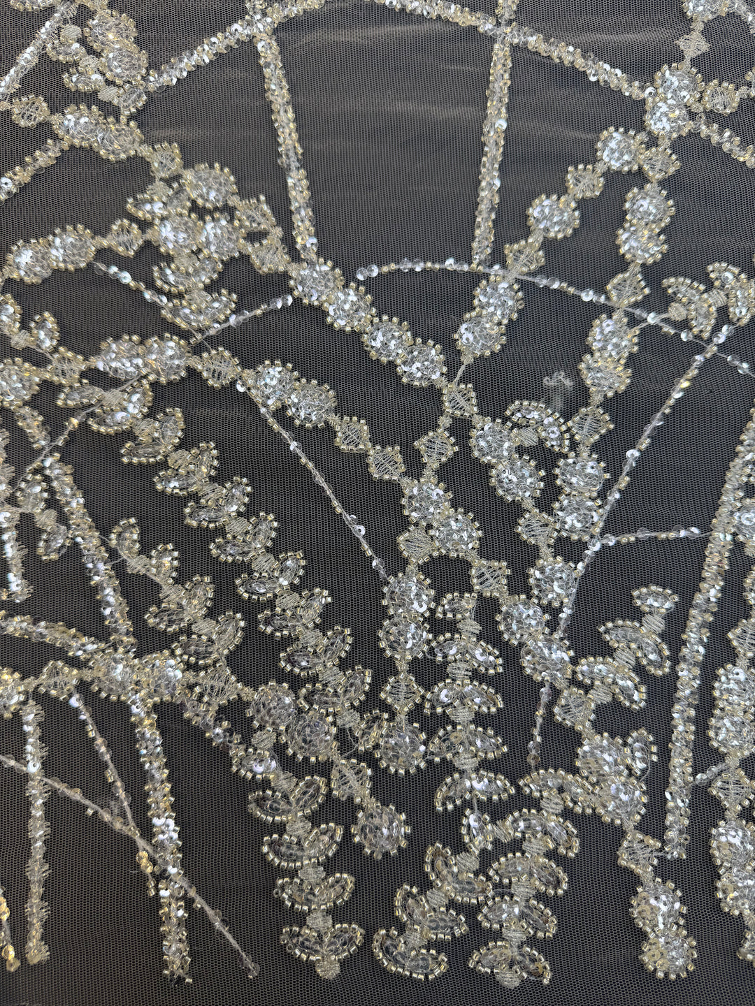 Luxury Silver Sequin Net Fabric – Couture Beaded Embroidery for Evening & Bridal Gowns( 1 Piece = 3.5 Meter)