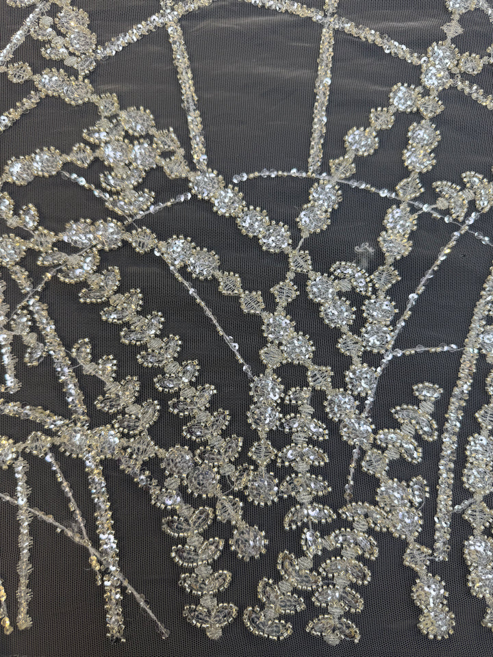 Luxury Silver Sequin Net Fabric – Couture Beaded Embroidery for Evening & Bridal Gowns( 1 Piece = 3.5 Meter)