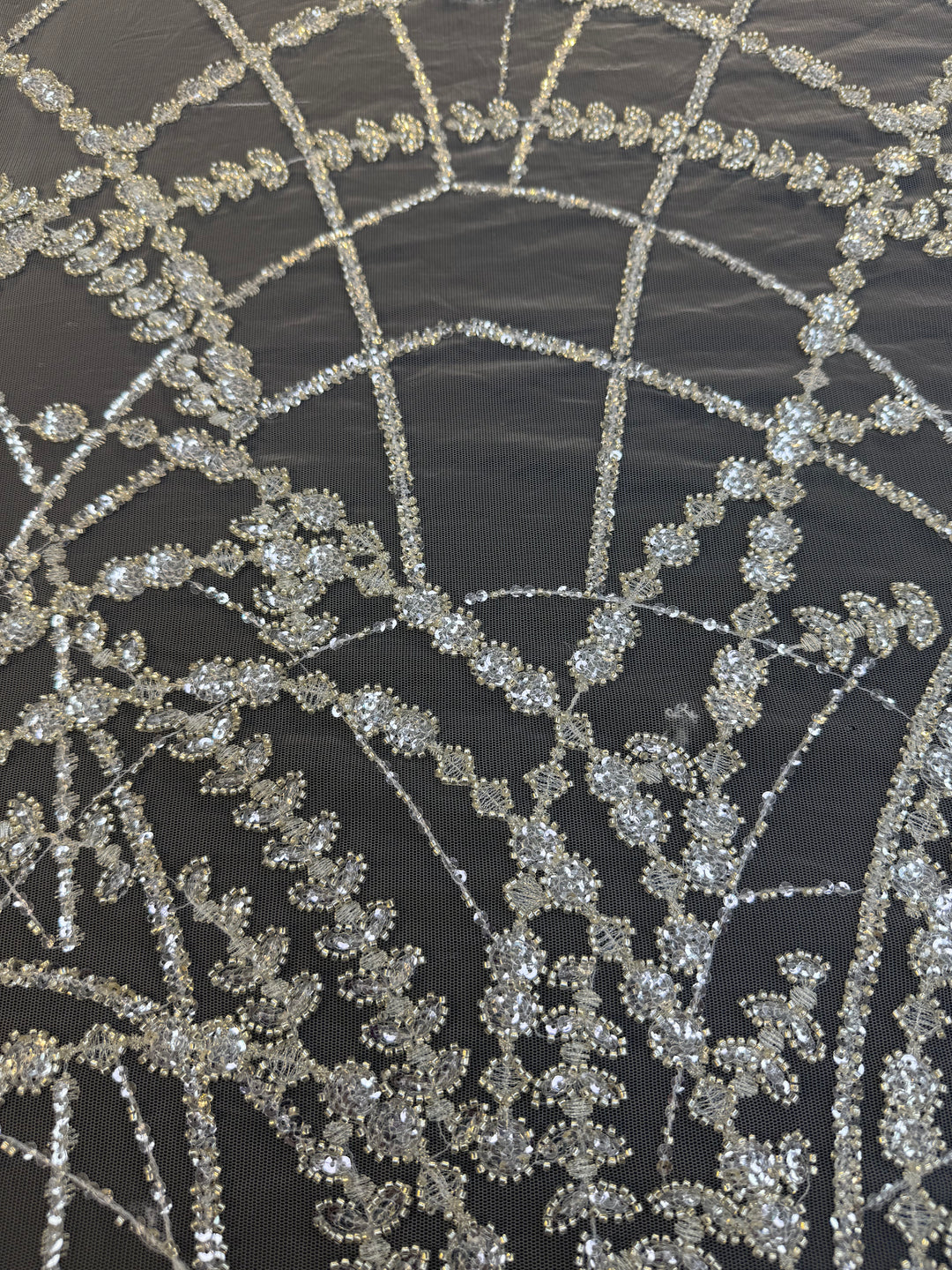 Luxury Silver Sequin Net Fabric – Couture Beaded Embroidery for Evening & Bridal Gowns( 1 Piece = 3.5 Meter)