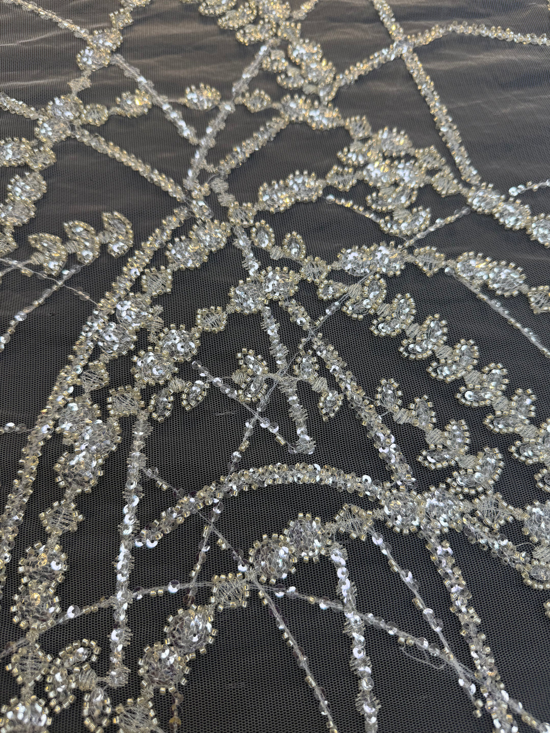 Luxury Silver Sequin Net Fabric – Couture Beaded Embroidery for Evening & Bridal Gowns( 1 Piece = 3.5 Meter)