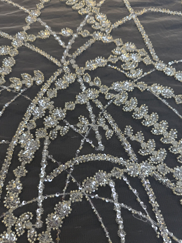 Luxury Silver Sequin Net Fabric – Couture Beaded Embroidery for Evening & Bridal Gowns( 1 Piece = 3.5 Meter)