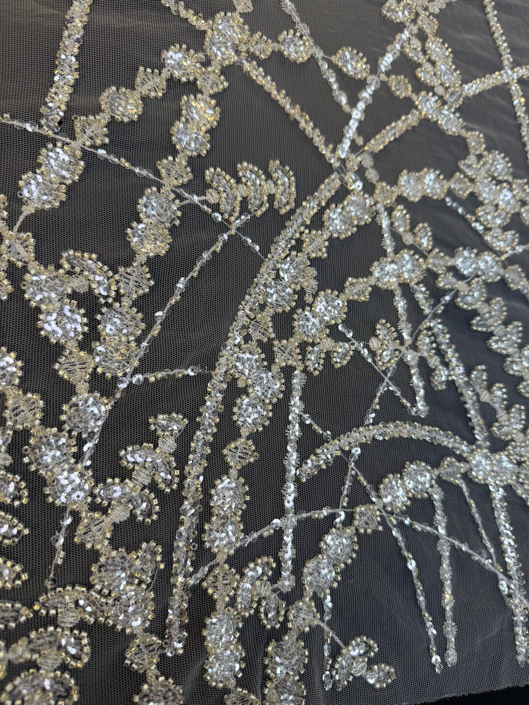 Luxury Silver Sequin Net Fabric – Couture Beaded Embroidery for Evening & Bridal Gowns( 1 Piece = 3.5 Meter)