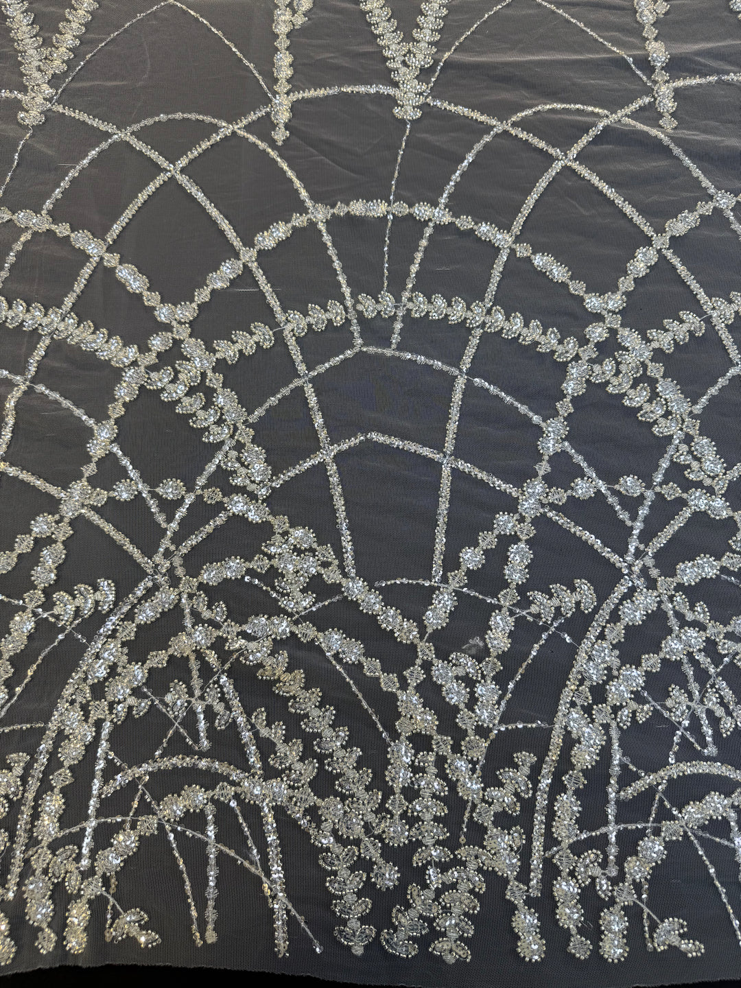 Luxury Silver Sequin Net Fabric – Couture Beaded Embroidery for Evening & Bridal Gowns( 1 Piece = 3.5 Meter)