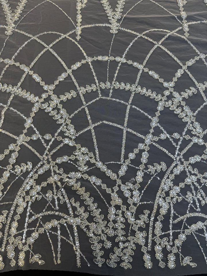 Luxury Silver Sequin Net Fabric – Couture Beaded Embroidery for Evening & Bridal Gowns( 1 Piece = 3.5 Meter)