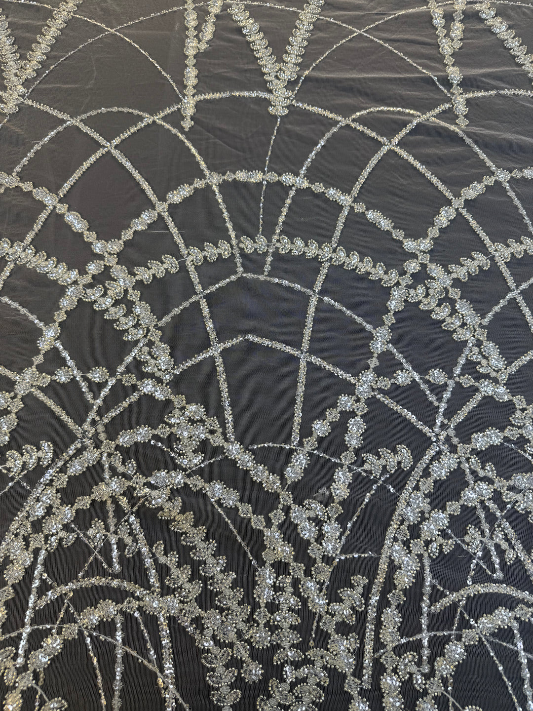 Luxury Silver Sequin Net Fabric – Couture Beaded Embroidery for Evening & Bridal Gowns( 1 Piece = 3.5 Meter)