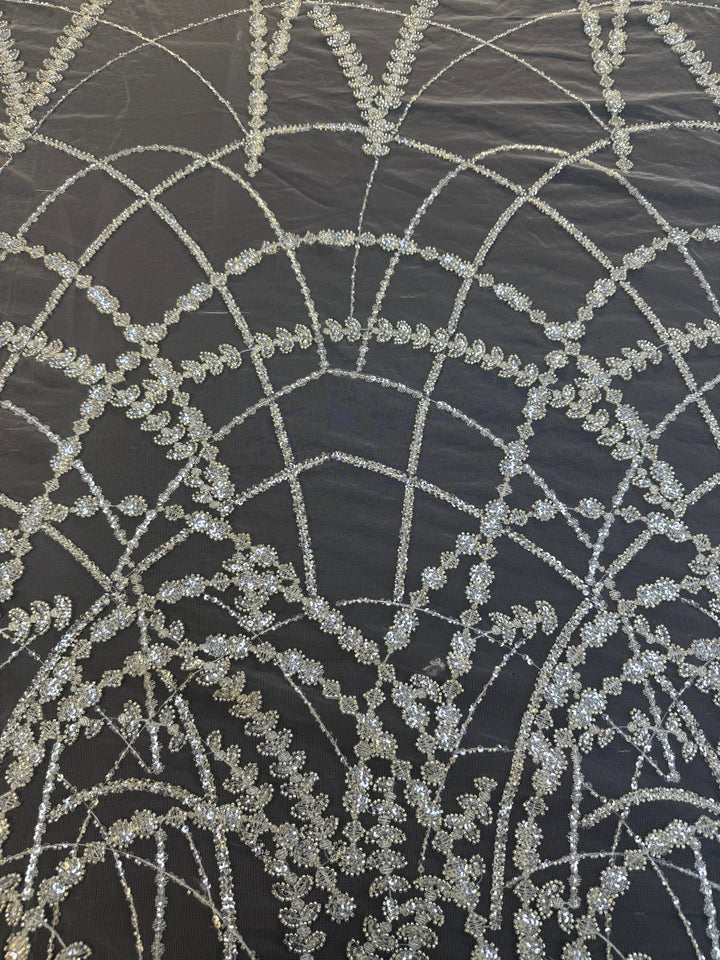 Luxury Silver Sequin Net Fabric – Couture Beaded Embroidery for Evening & Bridal Gowns( 1 Piece = 3.5 Meter)