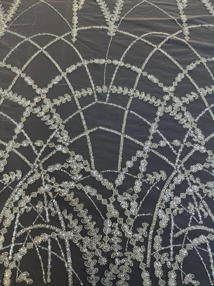 Luxury Silver Sequin Net Fabric – Couture Beaded Embroidery for Evening & Bridal Gowns( 1 Piece = 3.5 Meter)